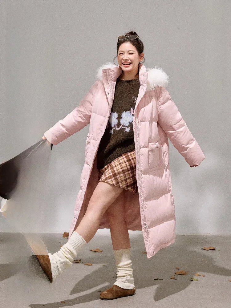 

plus Size Women's Long down Jaet Pink Fur Collar Warm Sweet Sle Loose Fit High Waist Zipper Closure Color Casual Wear