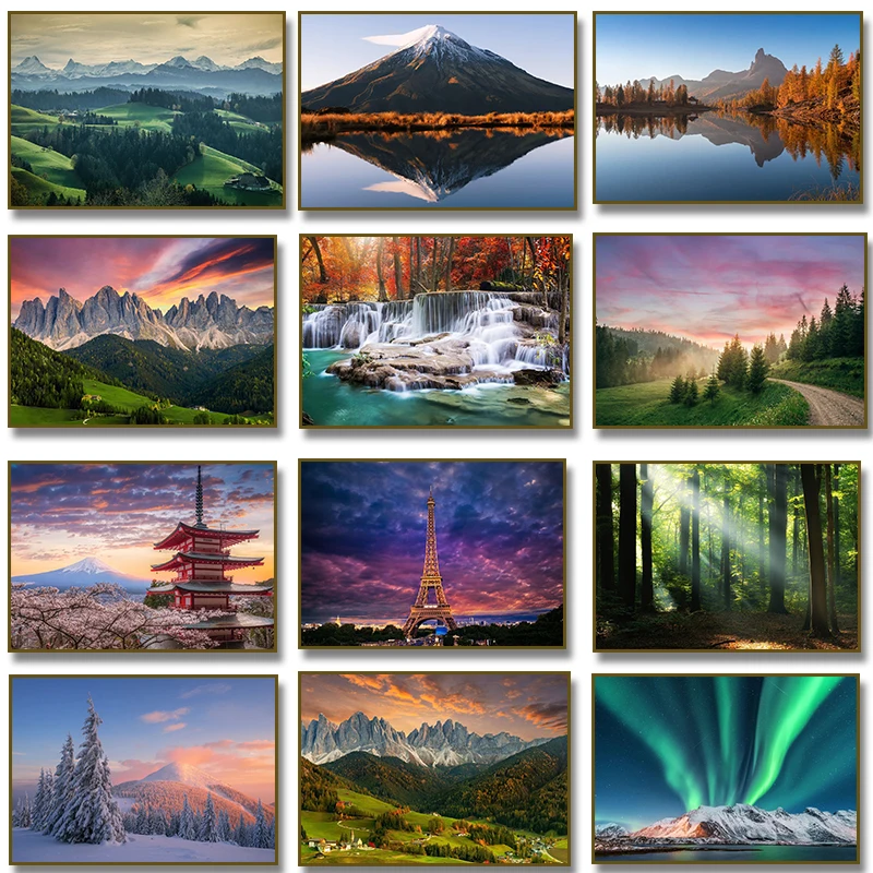 Santa Maddalena Mountain Waterfall Forest Aurora Landschaft Japan Poster Leinwanddruck für Wohnzimmer Heimdekoration