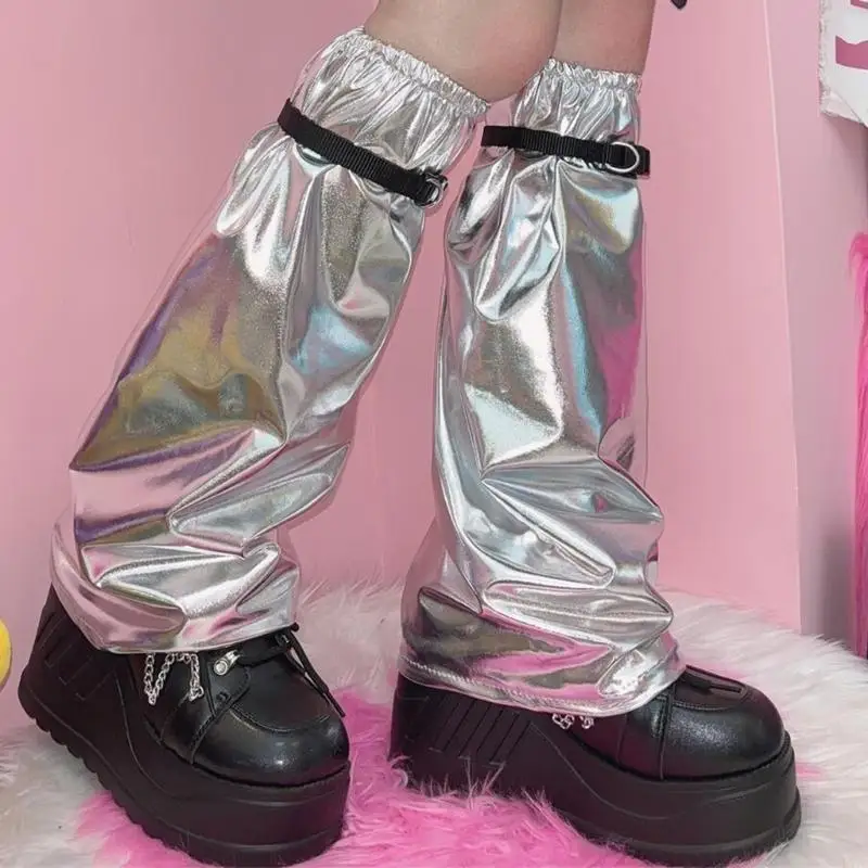 L5YC Aesthetic Vintage Metallic Shining Leg Warmer Socks for Women Harajuku Streetwear Punk Buckle Strap Leg Sleeve Cover