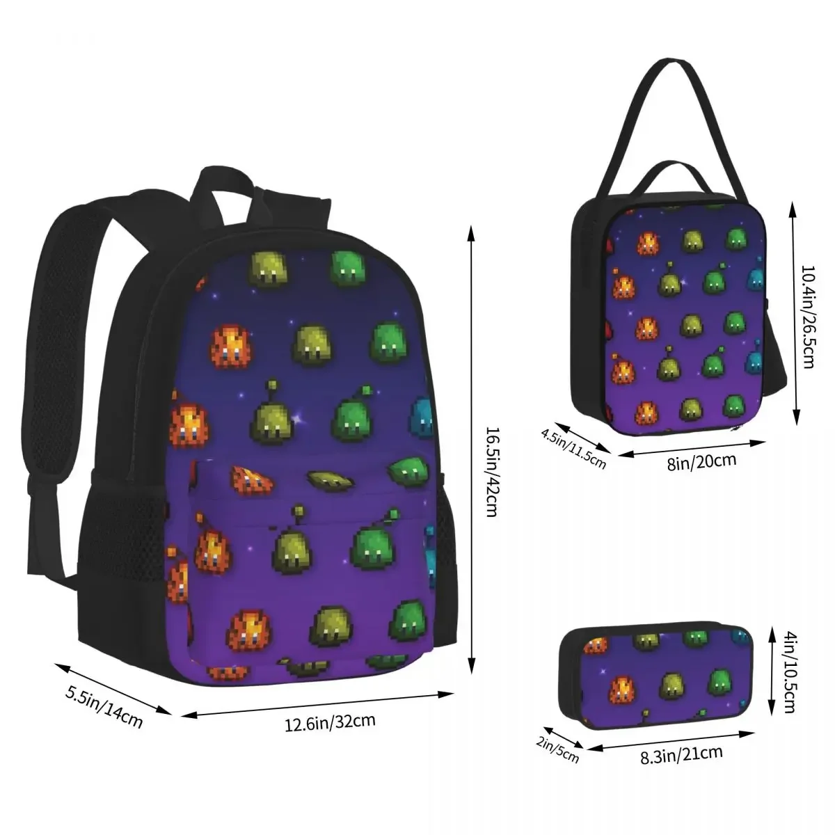 Stardew Valley Regenbogen Slimes Rucksäcke Jungen Mädchen Bücher tasche Studenten Schult aschen Kinder Rucksack Lunch Bag Stift Tasche dreiteiliges Set