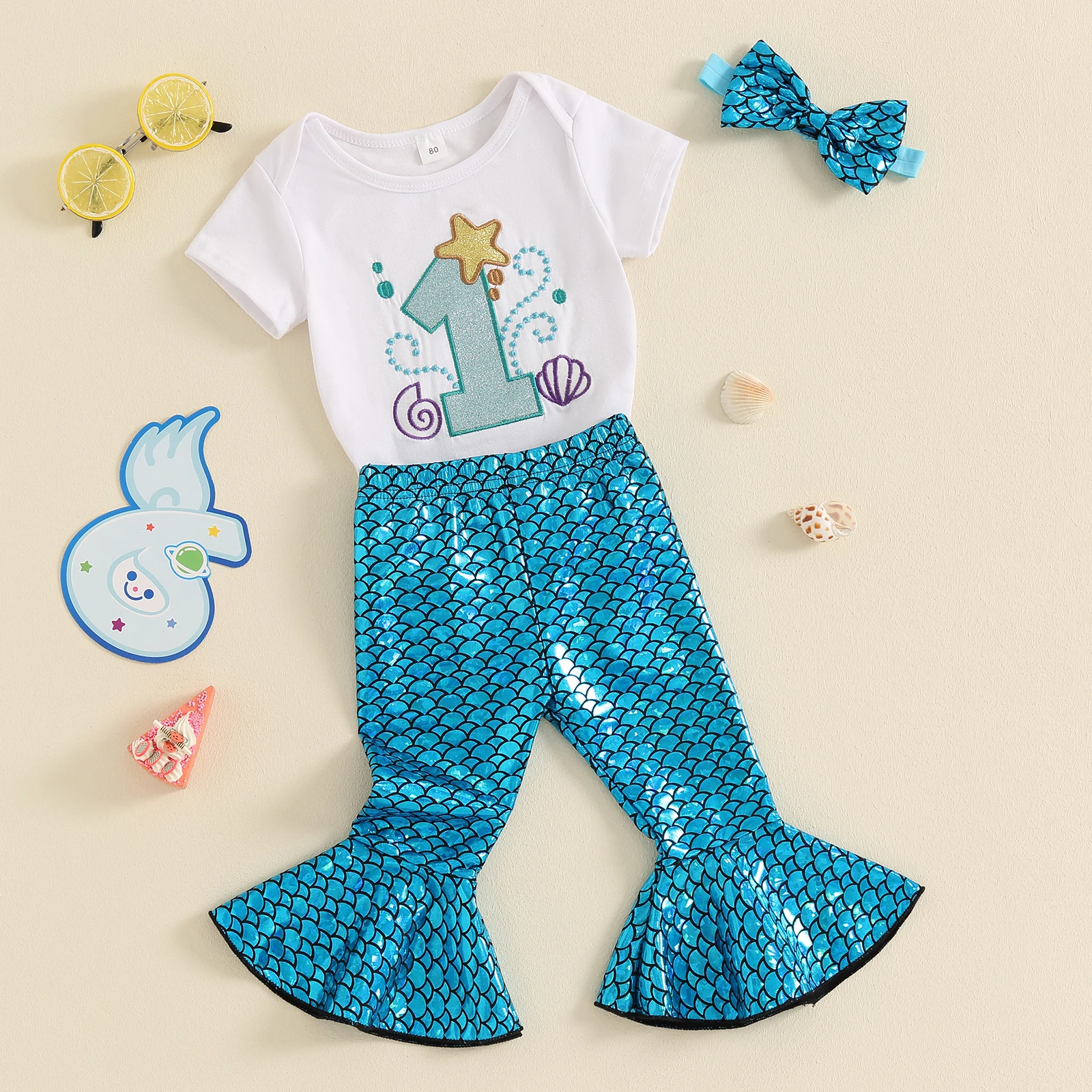 Toddler Infant Baby Girl Clothes Sets Birthday Outfits Letter Romper Mermaid Flare Pants Summer Outfits