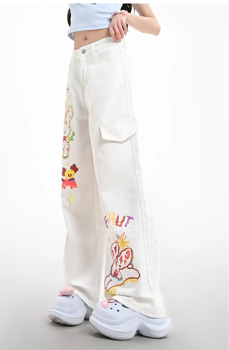 White Women's Jeans Cartoon Print High Waist Straight Jeans Wide Leg pant Loose Pocket Casual Pants Women 2025 New Summer