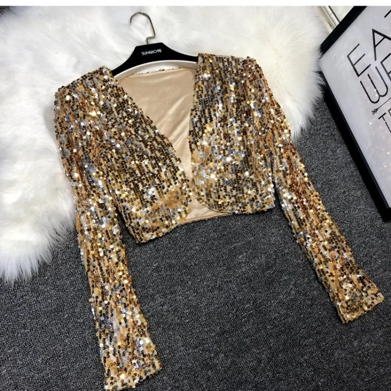 Street Fashion Short Sequined Small Suit Jacket Women's V-neck Slimming Tops Jazz Dance Performance Costume Women's Clothing