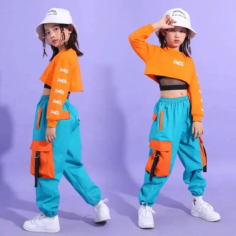 Girls Hip Hop Crop Top Contrast Cargo Pants Kids Jazz Joggers Streetwear Sweatshirt Child Street Dance Cheerleader Clothes