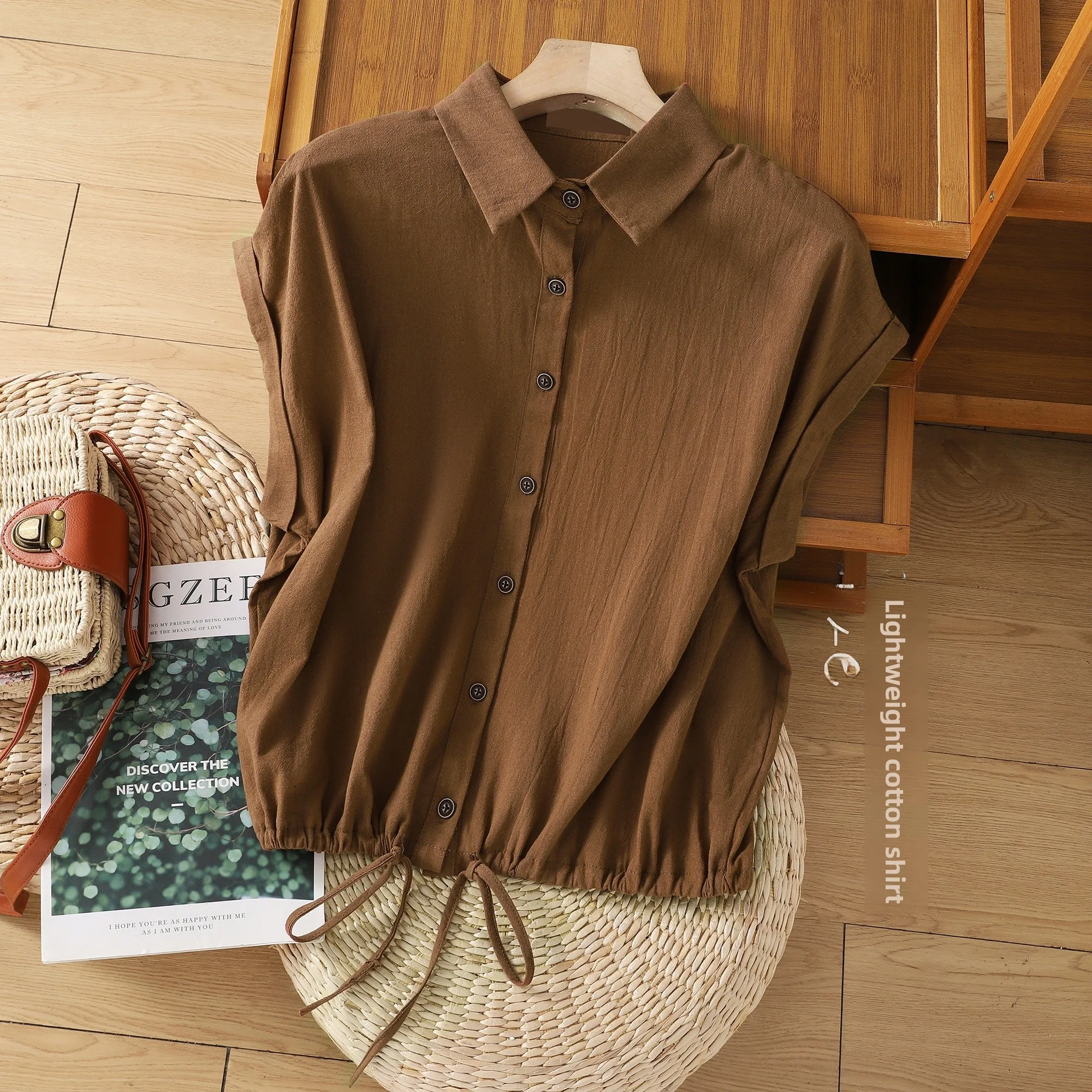 

Summer 2024 New Short Sleeve Shirt Drawstring Hem Elegant Atmosphere Women's Business Casual Cotton Plain Color Shirt