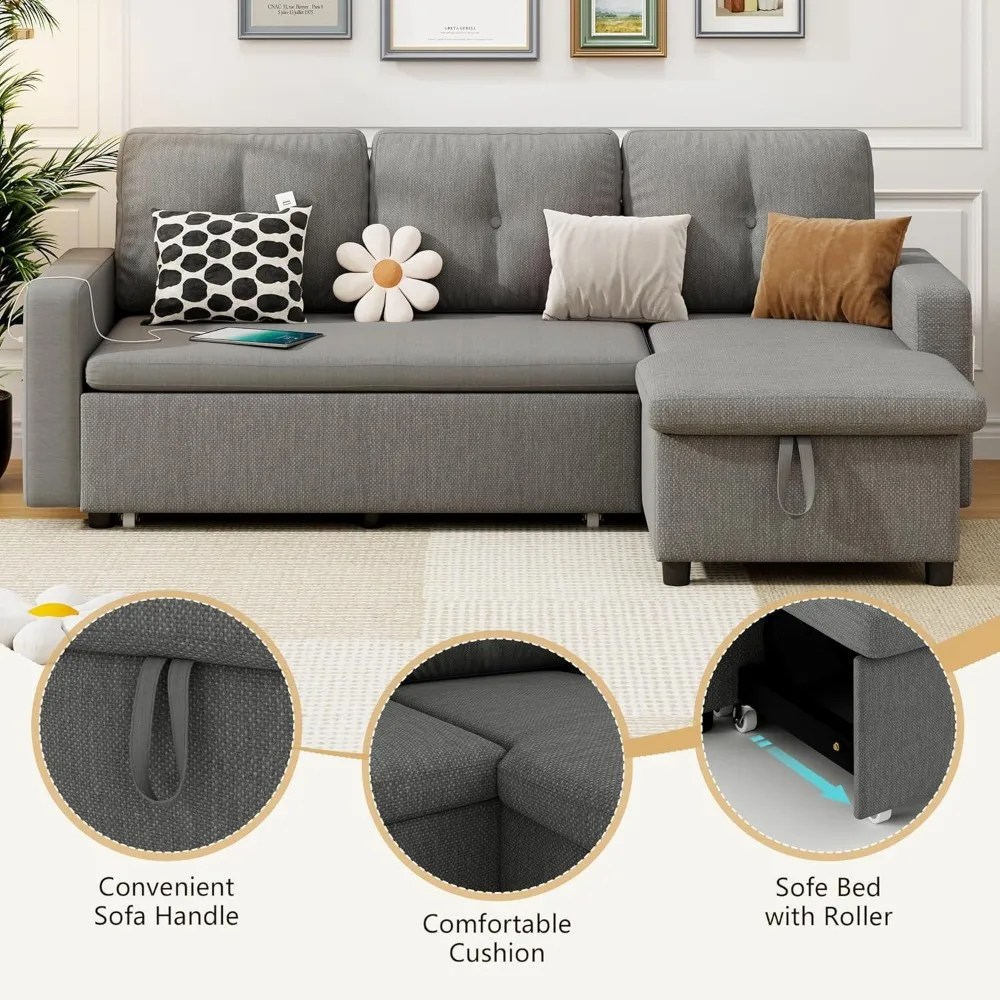 Ranjang Sofa berbentuk L dengan Tempat Tidur Sofa & USB, tempat tidur Sofa ditarik keluar & ruang penyimpanan, 3 kursi kain dapat dikonversi