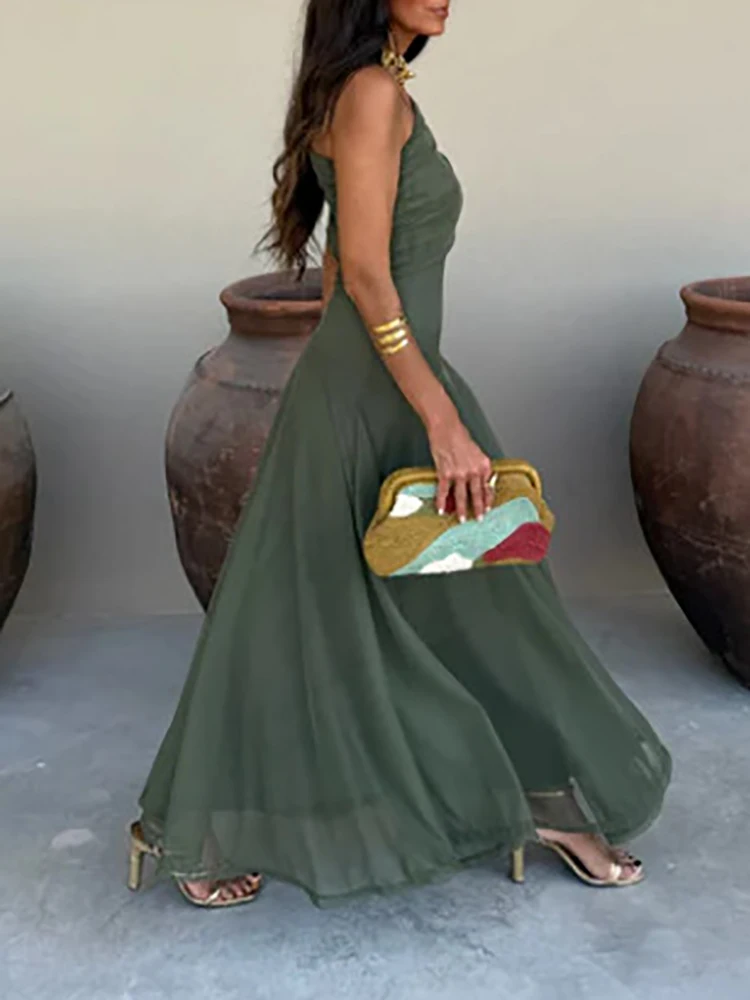 Women Diagonal Collar Summer Solid Long Dress Female Sleeveless Backless Pleated Party Dress 2023 Casual Streetwear Maxi Dresses