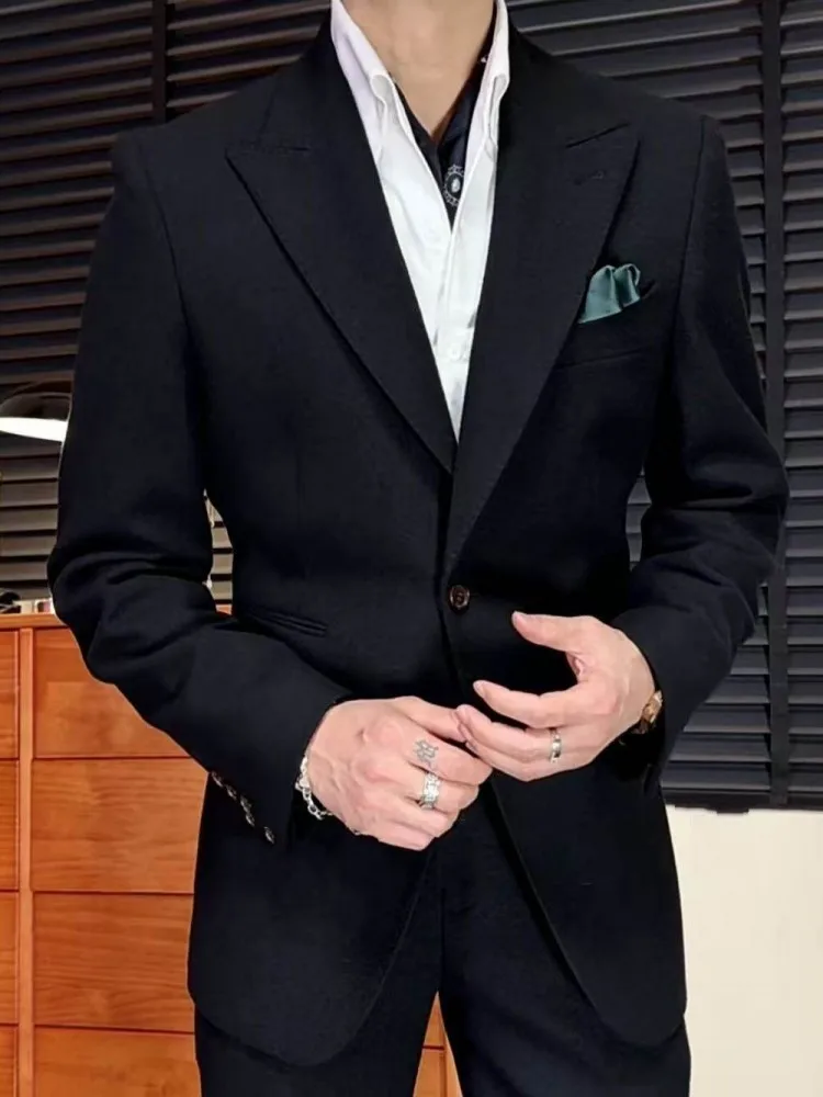 Men British Style Slim Fit Suits Set Solid Color Single Breasted Business Casual Banquet Blazers Outfits Long Pant Two-Piece-Set