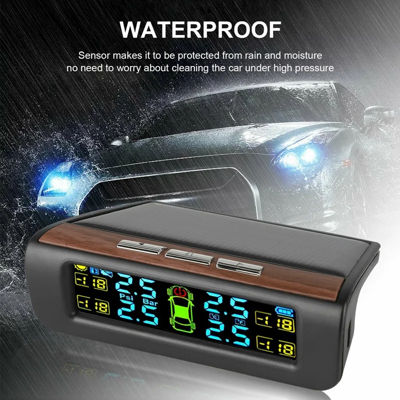 Wireless Solar TPMS LCD Car Tire Pressure Monitoring System With 4 External Sensors Solar Automatic Alarm System