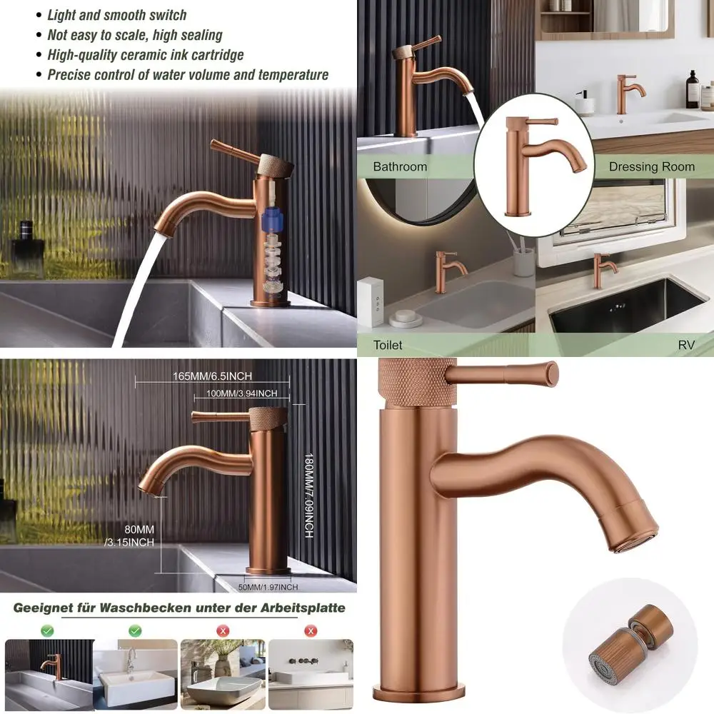 

Single Hole Rose Gold Vanity Faucet with Sprayer Aerator, Deck-Mounted, Suitable for Farmhouse and RV Bathrooms