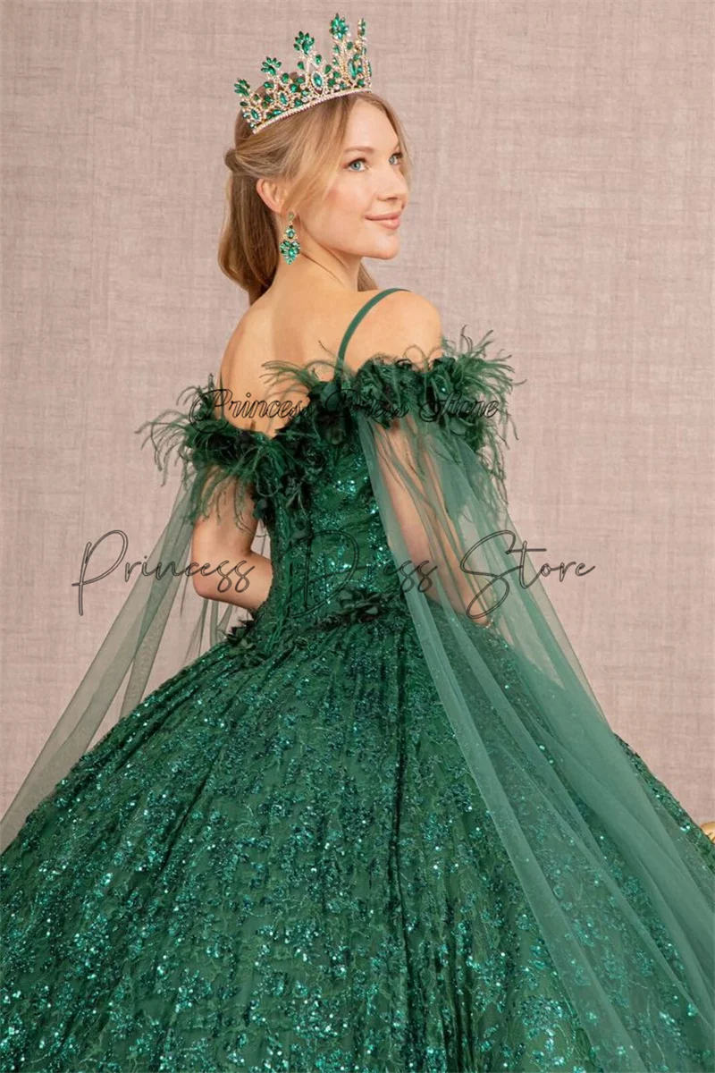 Mexican Dark Green Sequins Quinnceanera Dress Ball Gown Applique Feather Corset Sweet 16 Vestidos De 15 Anos