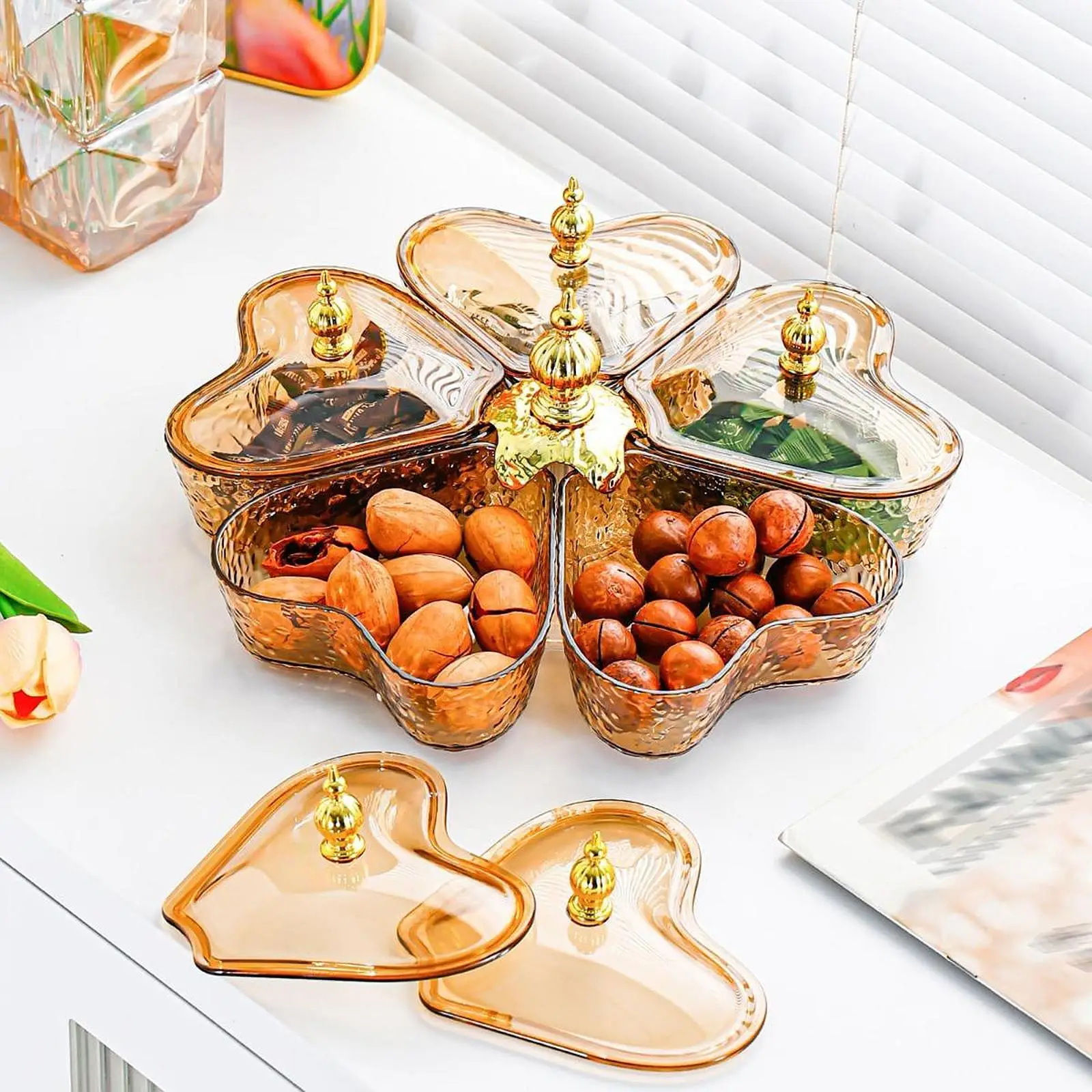 Divided Rotating Serving Tray Snack Tray Appetizer Tray Heart Shaped Candy and Nut Dishes for Fruit Cakes Nuts Dessert Tea Party