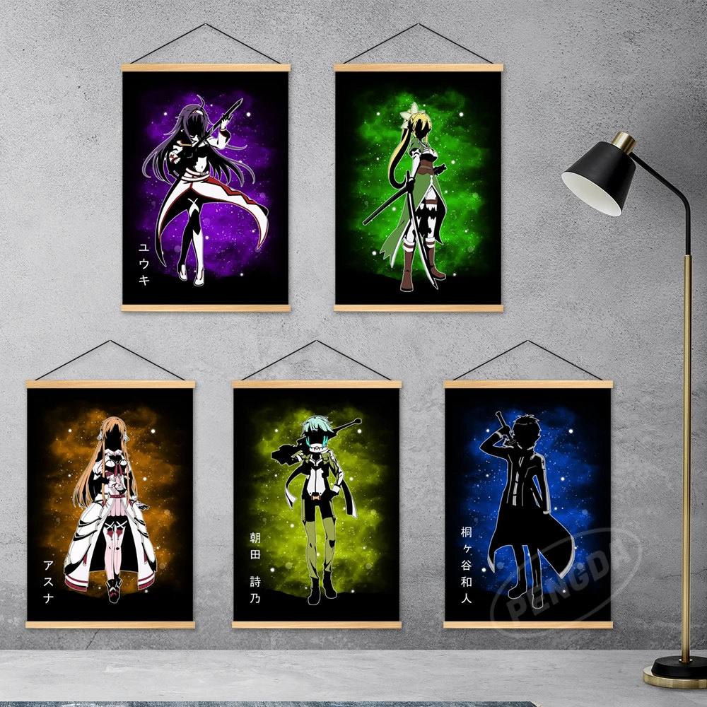 Canvas Wooden Hanging Anime Prints Sword Art Online Modular Wall Art Yuuki Asuna Asada Shino Pictures Painting Poster Home Decor