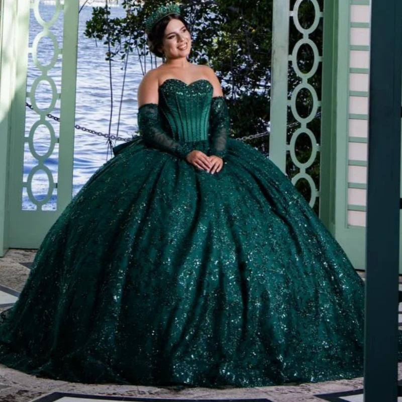 

Balck Green Shiny Ball Gown Quinceanera Dresses Off The Shoulder Sequin Applique Lace Bow Tull Beads Party Birthday Sweet 16