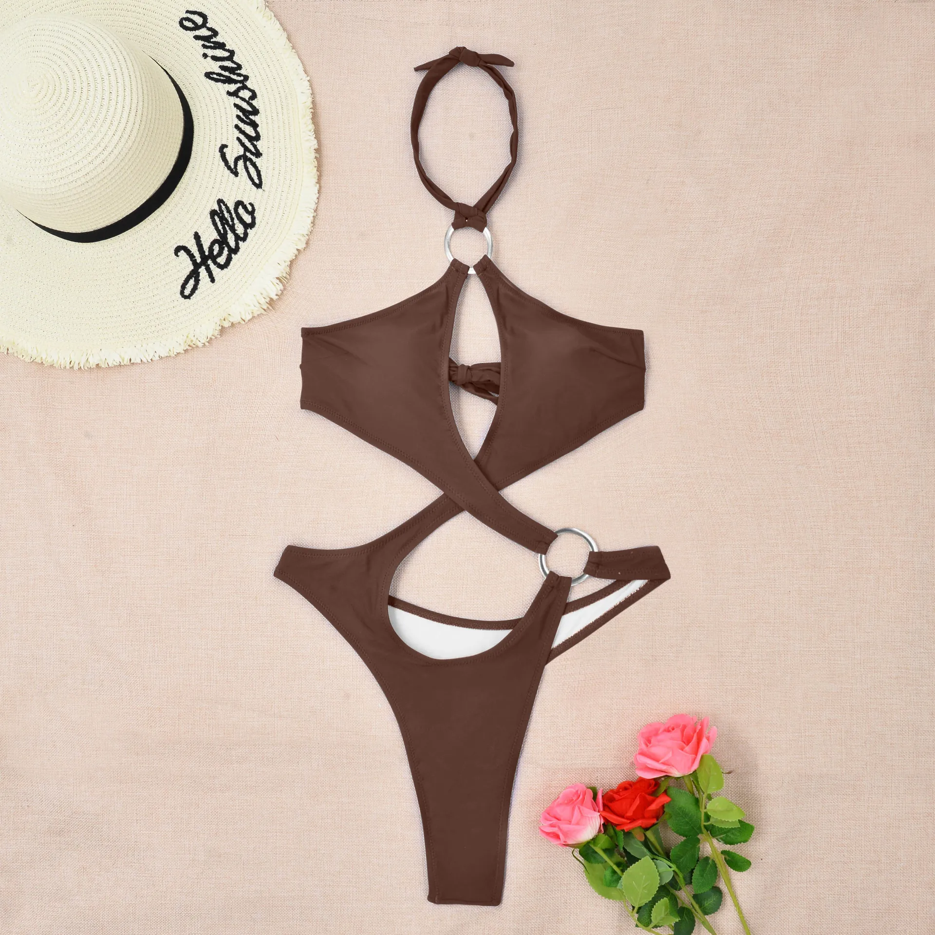 sexy cross ring halter bandage hollow swimsuit one piece bikinis 2024 women thong swimsuit female bathing suit swimwear biquini