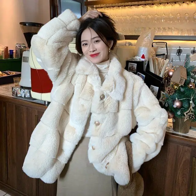 Winter Faux Fur Coat Women 2023 New Korean Style Imitation Rabbit Fur Plush Thick Warm Soft Long Sleeve Outerwear Jacket
