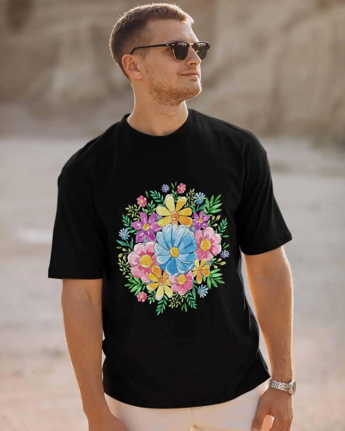 Men's T-Shirt, Novelty Graphic T-Shirt Watercolor Colorful Flowers Leaves Cotton Crew Neck Men's Short