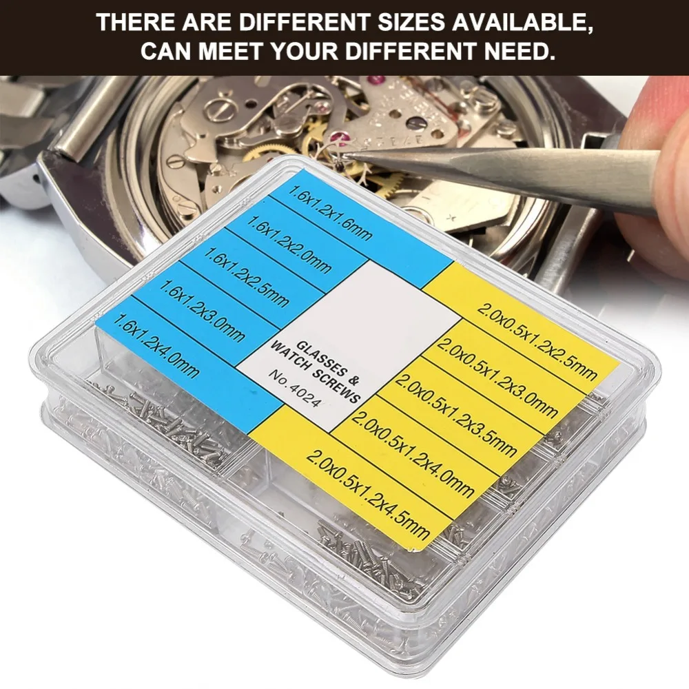 1000Pcs Silver Watch Eyeglass Screw Kit Iron Multiple Sizes Stainless Steel Cross Screws Watch Back Cover Replacement Screws