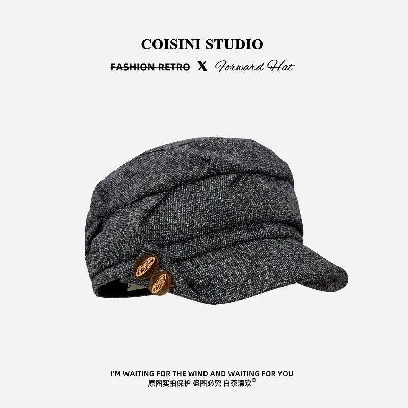 Japanischer Retro-Reiterhut mit Plissee-Krempe und Knopfdesign für Damen, Herbst- und Winter-Soft-Brim-British-Newsboy-Caps für Herren – Detail 1