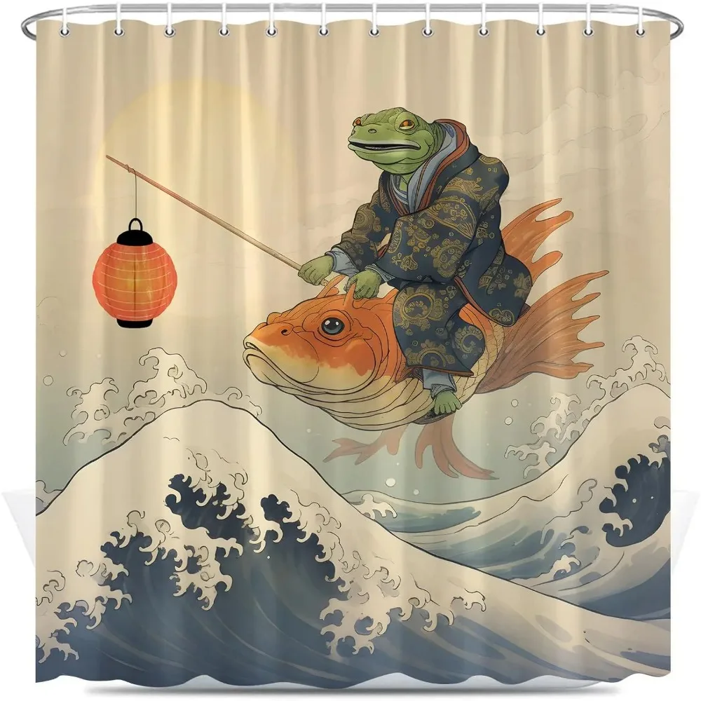 

Funny Frogs Shower Curtain Holding Lantern Sitting on Koi Fish Big Waves Japanese Traditional Painting Vintage Fun Animal Hooks
