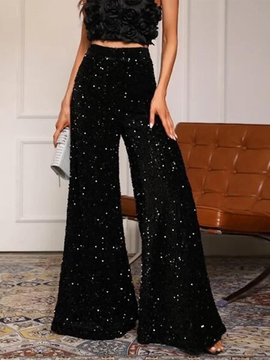 Women High Waist Pencil Pants Casual Sequin Sparkle Glitter Pants Elastic Waist Flare Leg Disco Trousers Clubwear