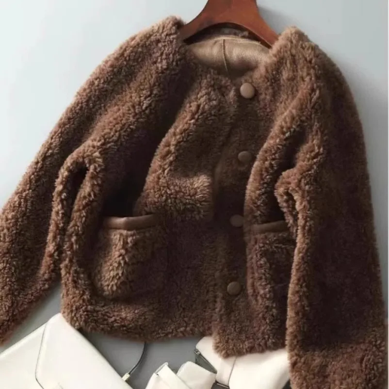 

Fall Winter New Sle Outerwear Windproof Warm Lamb Fur ort Coat Leather Fur Inteated Faionable Casual round Ne Long ...