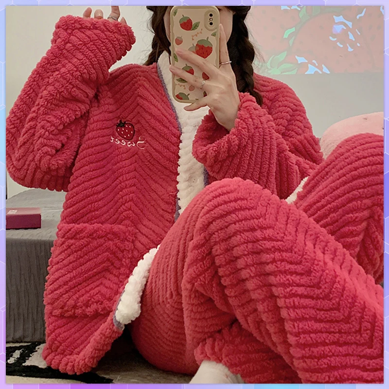 Autumn/Winter Sleepwear Women's Pajamas With Pants Set Warm Cute Sweet Coral Fleece Thick Strawberry Pajama Home Wear Suit