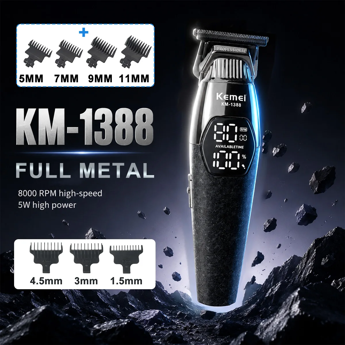kemei-km-1388-ヘアトリマー男性用-dlc-ブレード-8000rpm-5-ワット-dc-モーターフルメタル-led-ディスプレイひげトリマープロフェッショナルバリカン