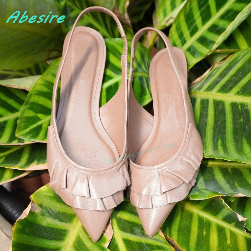 Double Layered Ruffled Pleated Flat with Sandals Pointed Toe Back-Strap Shoes for Women Elegant Daily Office Lady Casual Shoes