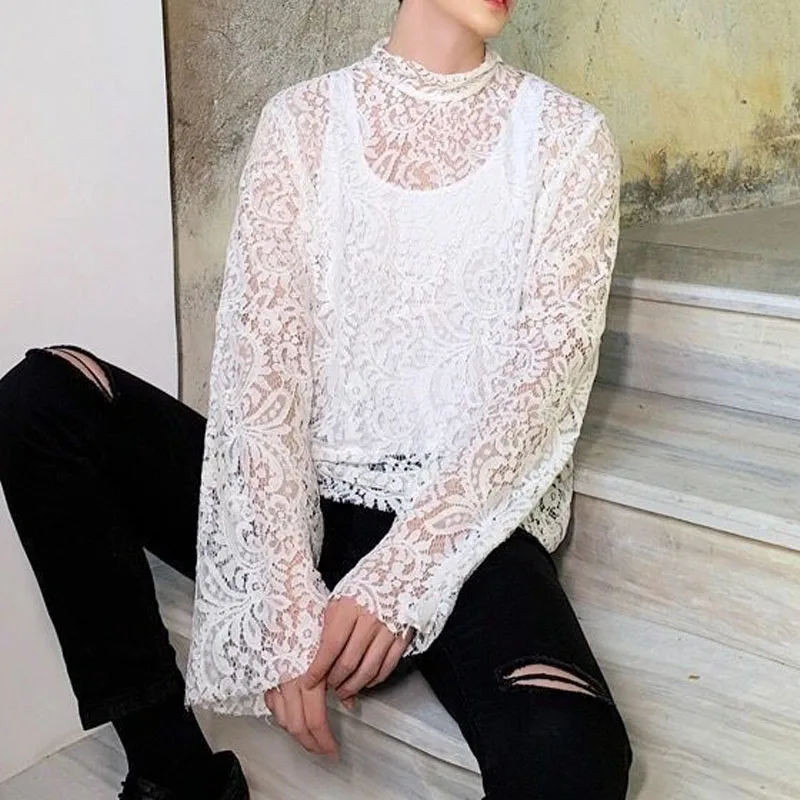 Fashion Round Neck Lace Clothes 2023 Summer Long Sleeve Hollow Breathable Bottoming Shirt Men\'s Thin Style Personality T-shirt