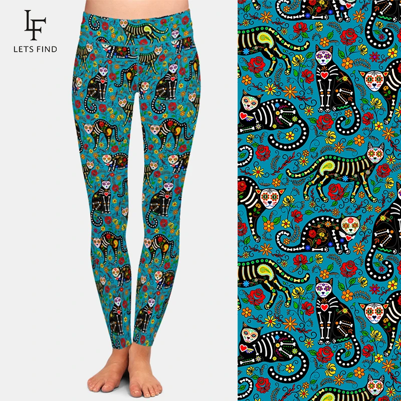 LETSFIND-mallas con estampado de calavera y gatos negros para mujer, Leggings ajustados suaves de cintura alta, a la moda