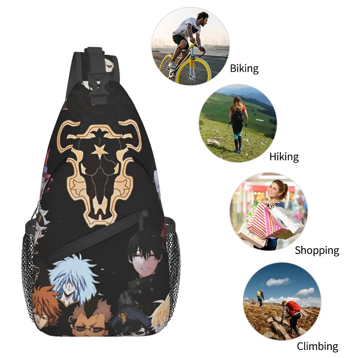 Black Eververs Anime Manga Crossbody Sling Bags, Fashion Chest Bag, Initiated Backpack, Daypack for Travel, Randonnée, Biking Bookbag