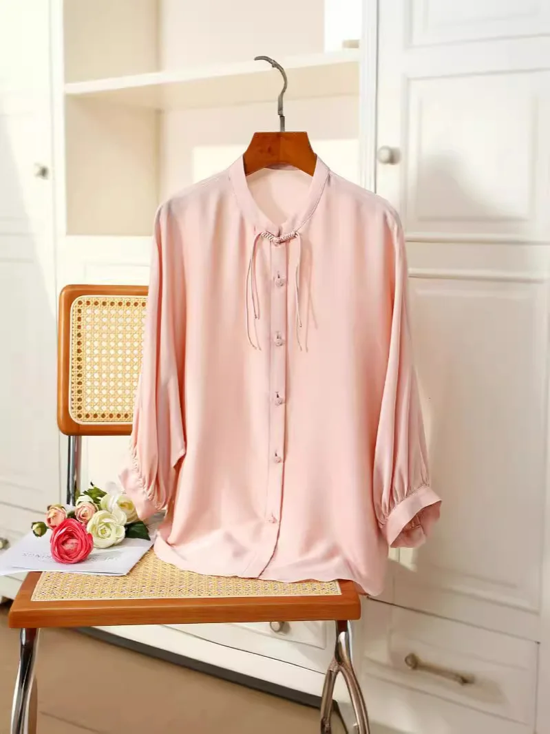 BirdTree, 93%Real Silk OL Elegant Shirt, Women Stand Neck Tassel, Loose Fashion Designed Blouse, 2024 Spring New Top T453104QM