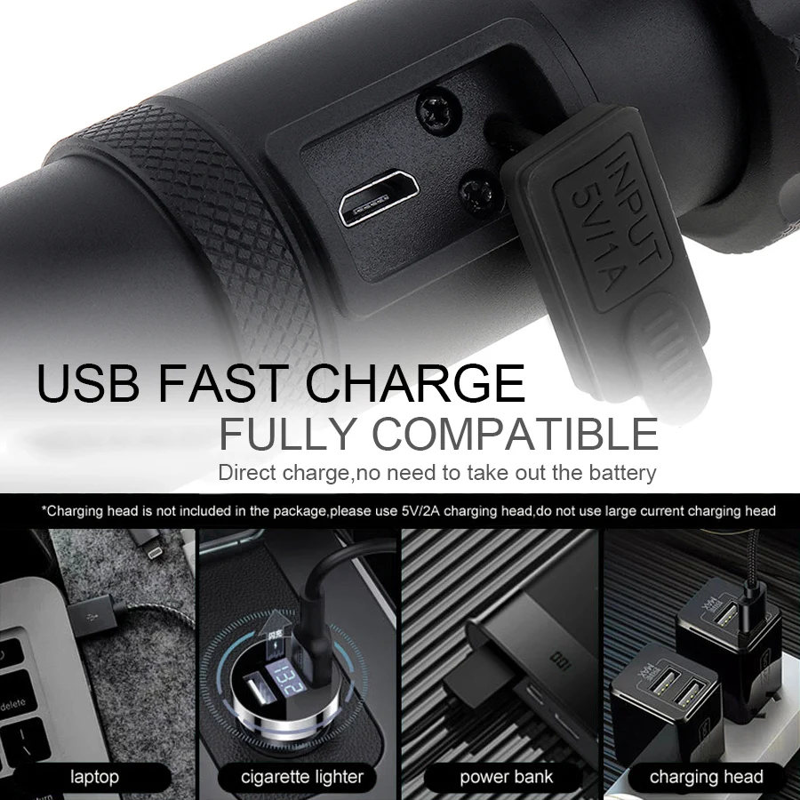 SecurityIng Powerful Hunting Flashlight Zoomable P50 LED Tactical Flashlight Lamp USB Rechargeable 5 Modes Outdoor Torch Light