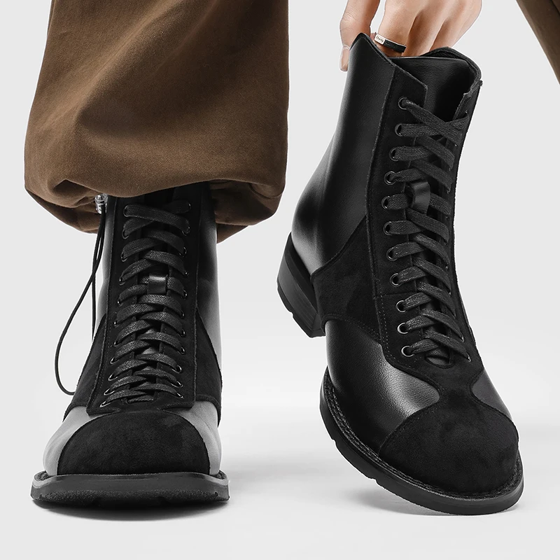 Niche Splicing Frosted Work High Top Men Boots with Multiple Holes Dense Lace Up Design Retro Feel Suitable for Daily Commuting