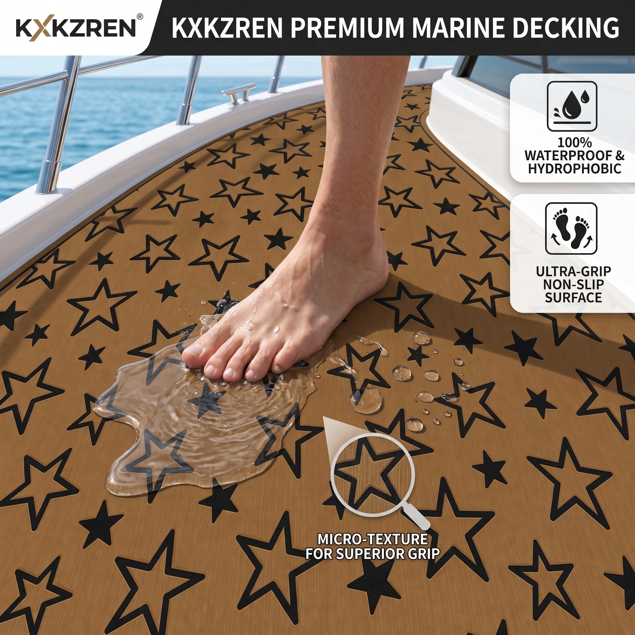 KXKZREN 2400x1200mm EVA Foam Boat Flooring Pad Star Pattern Non-Slip Marine Deck Sheet Mat Yacht RV Self-Adhesive Traction Pad