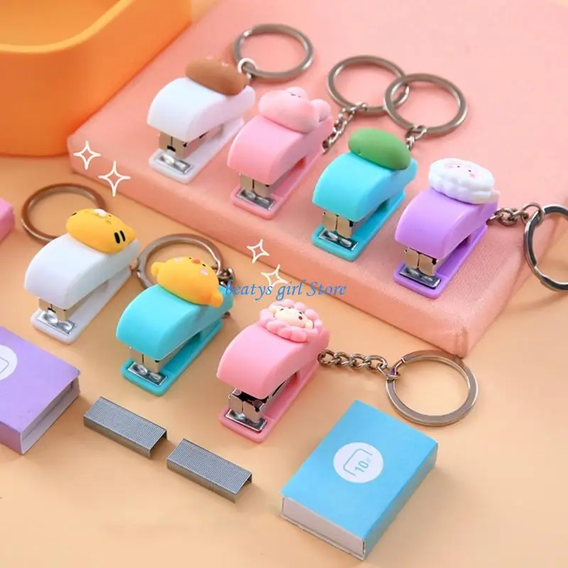 

C7AB Tiny Cartoon Stapler With Keychain Rings 20 Sheets Capacity Pocket Size Stapler For Offices School and Travel Use