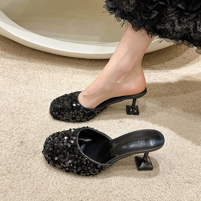 Ladies Shoes Bling Sequin Cloth Shoes Women High Heels Close Toe Slides Elegant Ladies Pumps for Solid Color Party Dress Shoes