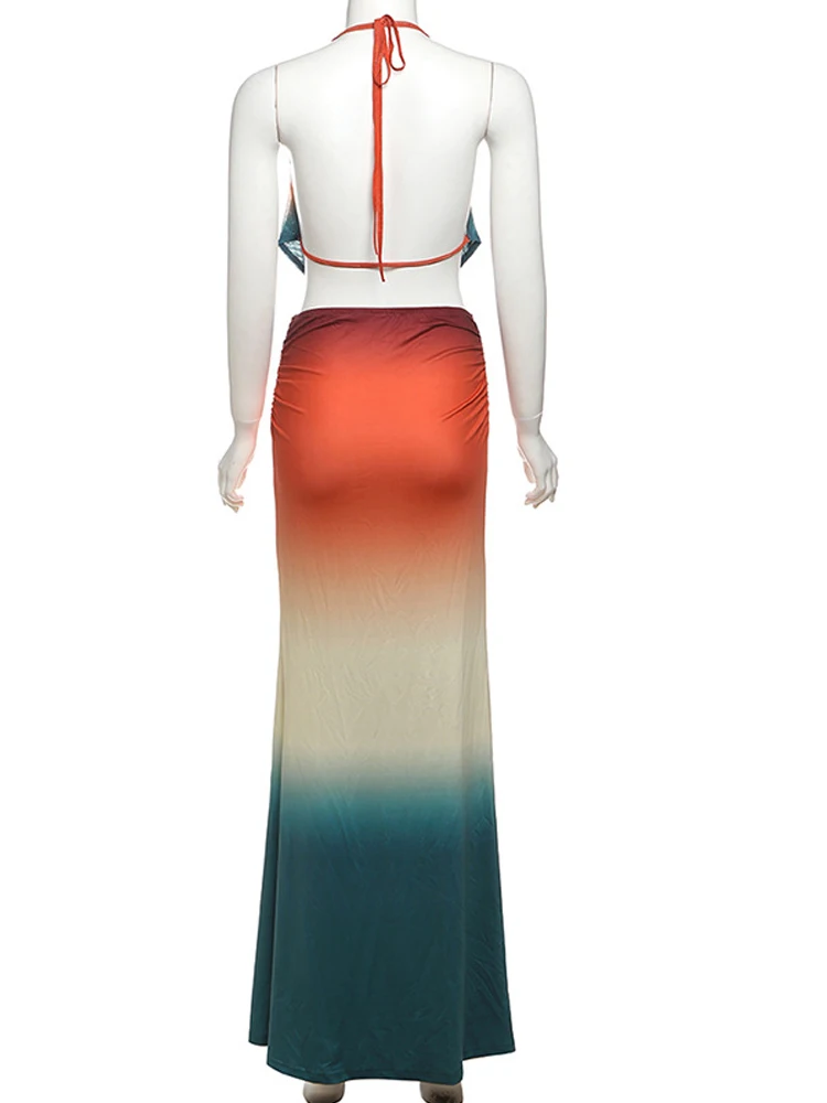 베이프렌 트로피컬 여신 옴브레 스커트 세트 수영복 휴가복 여성용 메쉬 루치드 크롭탑과 롱 스트랩 맥시 스커트 세트