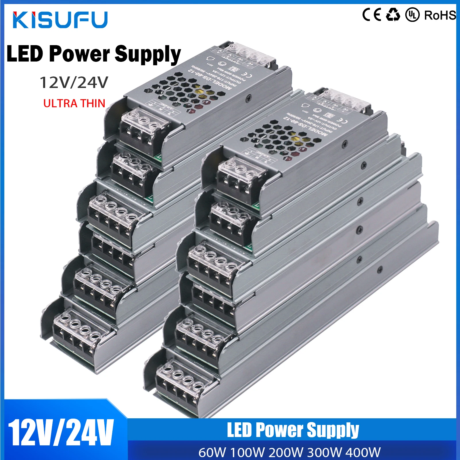 DC 12V 24V LED Power Supply AC176-240V Mute Lighting Transformers 60W 100W 200W 300W 400W LED Light Driver Power Adapter