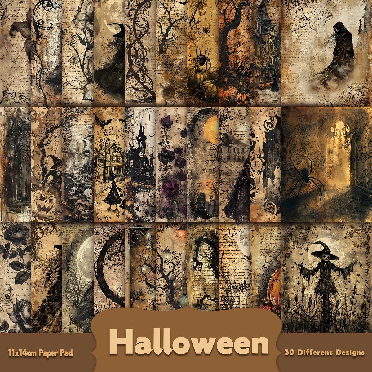 30pcs Mysterious Retro Halloween Decorative Craft Paper-Witch Lantern Ghost Design,Scrapbooking Diy Photo Album,Party Gift Decor