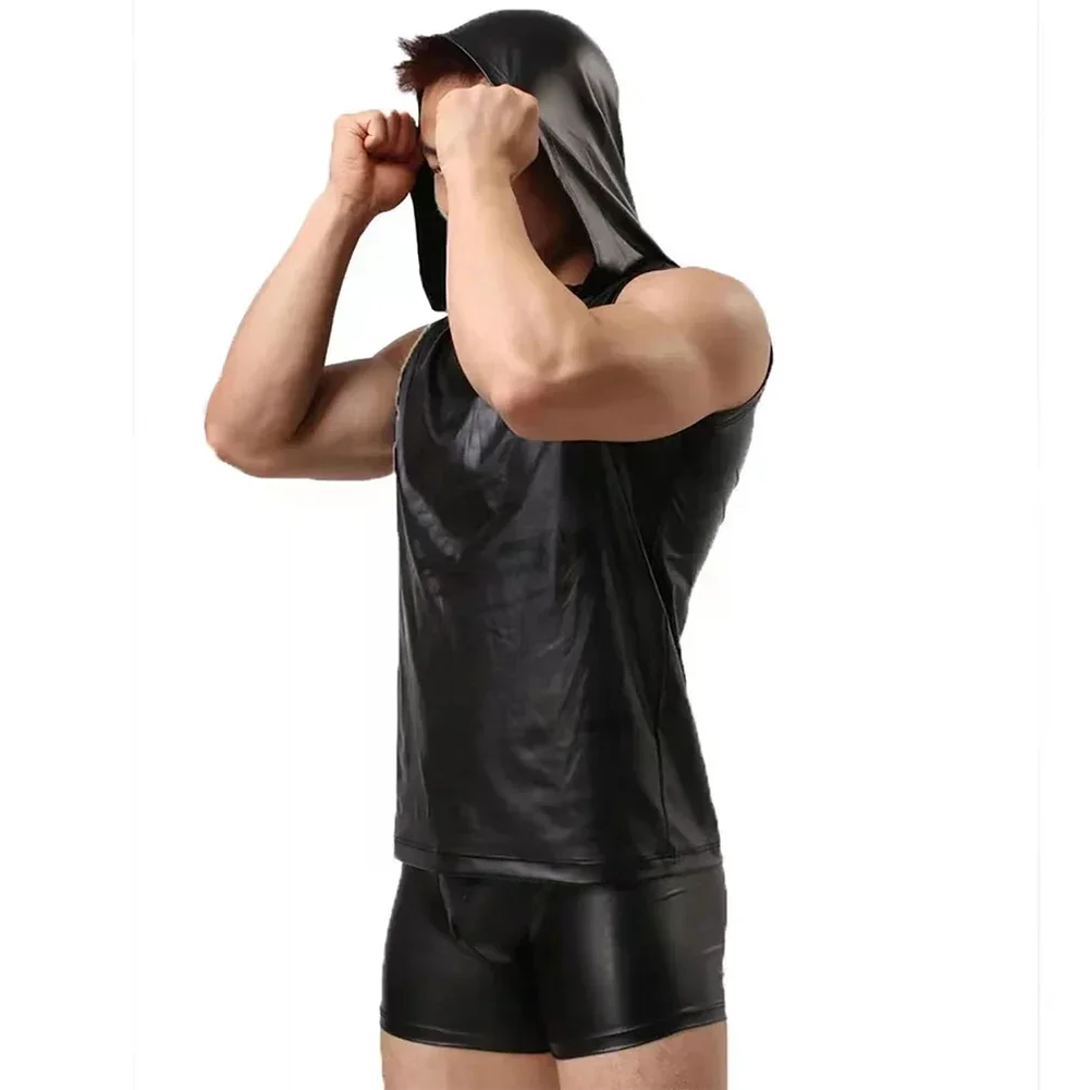 Men's Wet Look Faux Leather Sleeveless Tshirt Hooded Vest Top Tee Shirt Hoodie, Sexy And Stylish, Black, L 3XL