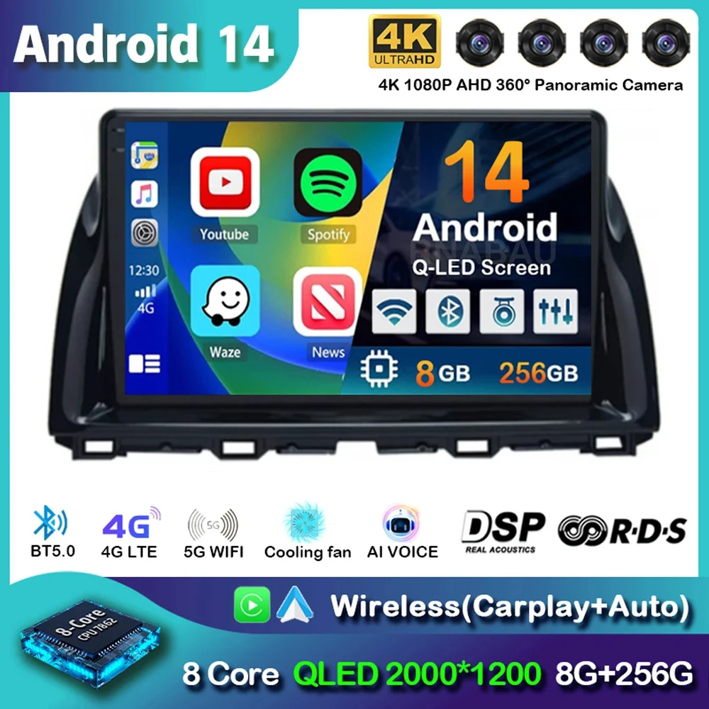 

Android 14 Carplay Auto For Mazda CX5 CX-5 CX 5 2012-2015 Car Radio Navigaion GPS Multimedia Video Player 2din DVD Head Unit DSP