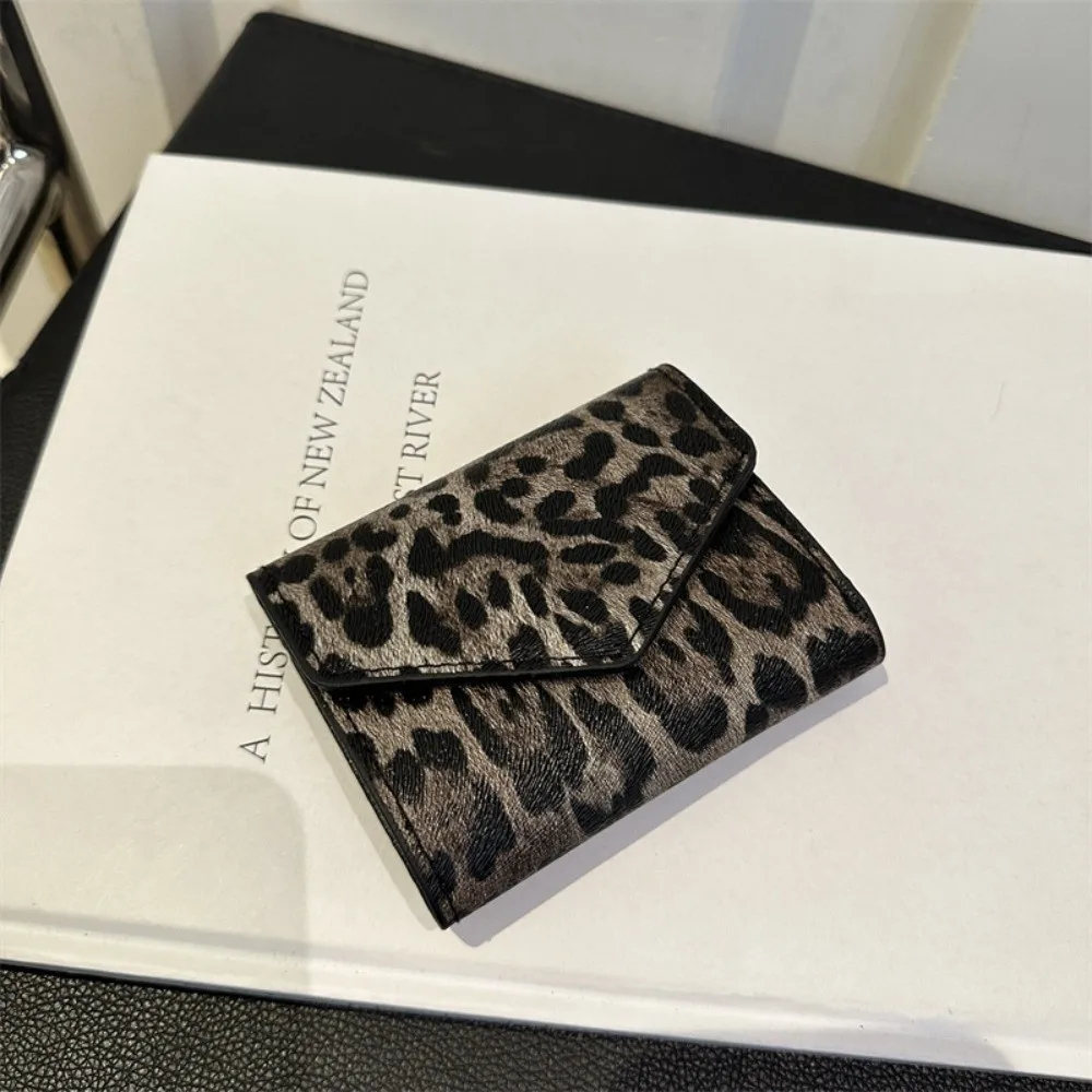 Mini Elegancki Portfelik w Leoparda Krótki Koreański Styl Etui na Karty Kopertówka Torebka Portmonetka na Monety Damska Skóra PU