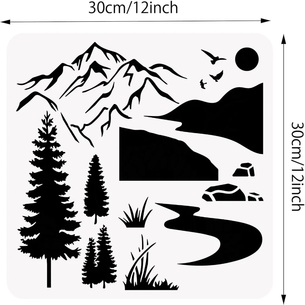 Mountain Scene Stencil, 12x12 River Sun Pine Tree Landscape Pattern Painting Templates for Scrapbooking, Fabric, Floor