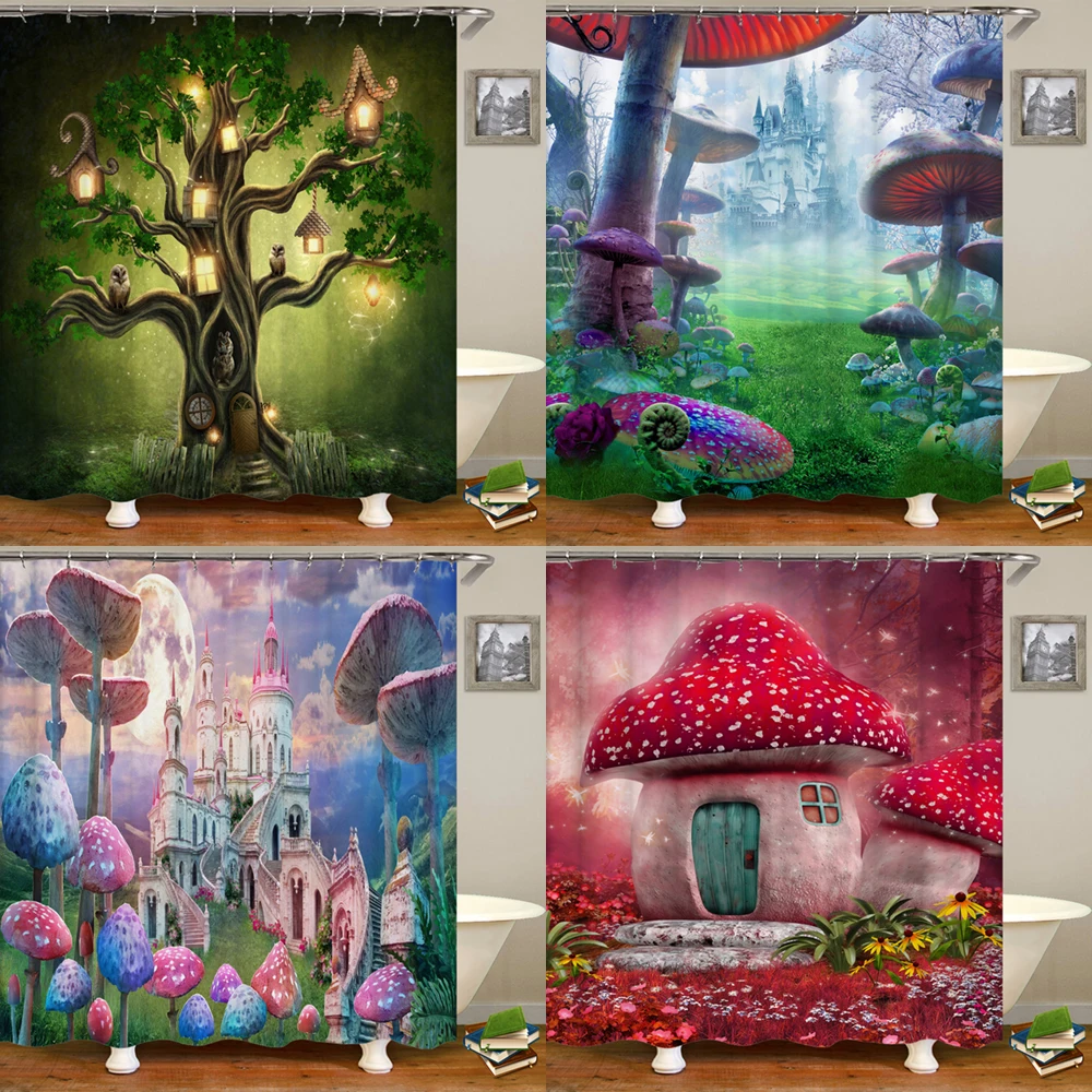 Fairy Dream Forest Shower Curtain Waterproof Bathroom Curtain Polyester Cartoon Fantasy Bath Curtain Home Decoration With Hooks