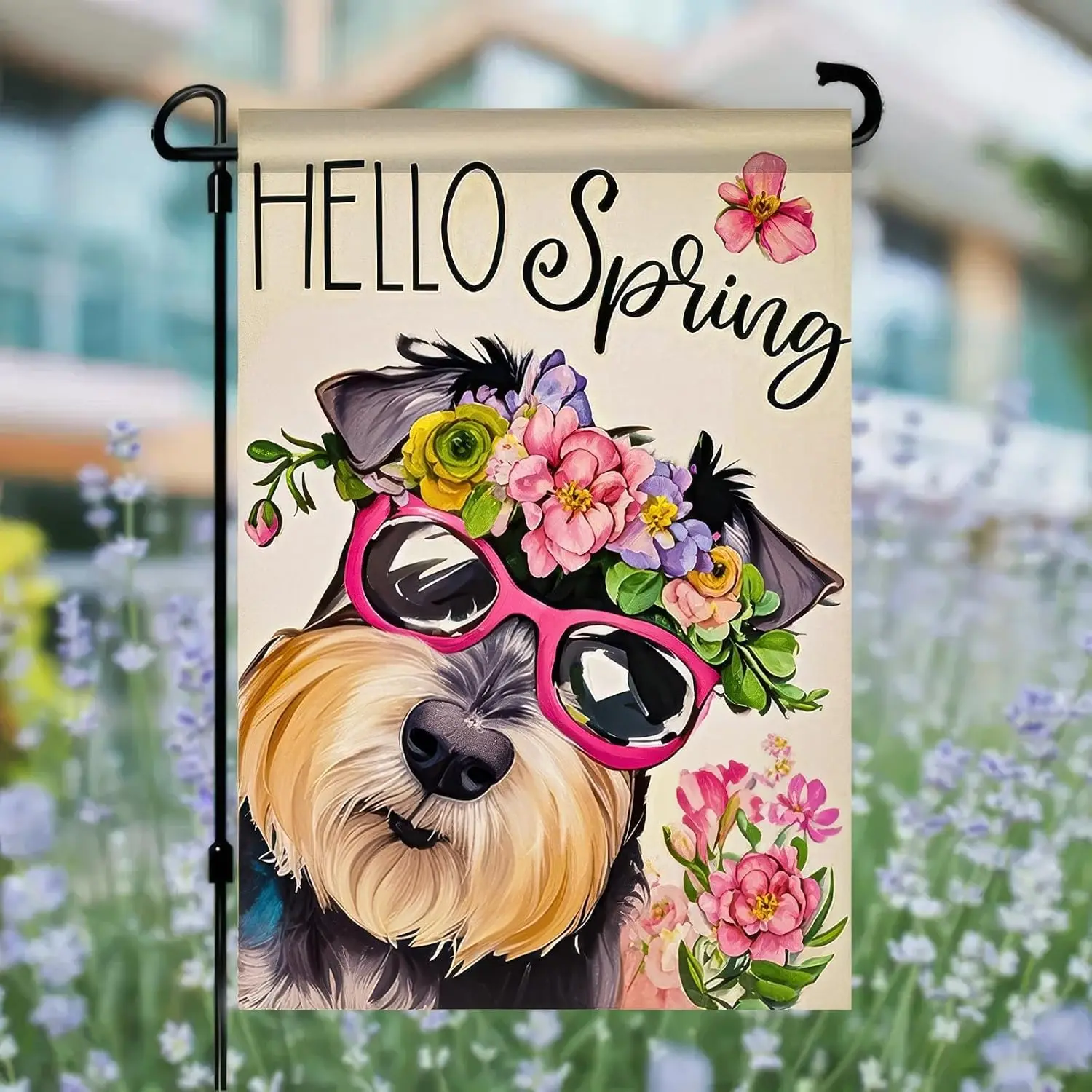 Spring Garden Flag Spring Decoration 12x18 Inch Hello Spring Backdrop Design with Floral Dog Background Double-Sided Yard Fl SSL