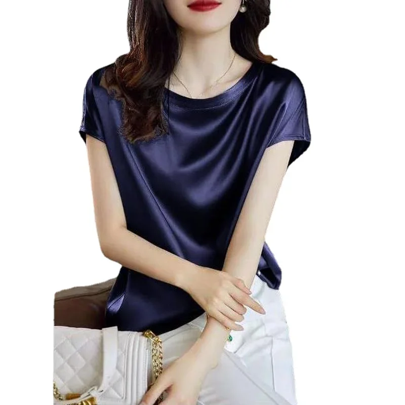 Summer Women Short Sleeve Silk Satin Blouse Elegant Office OL Tops Shirts Casual Solid Work Blusas Female Tunic Oversize