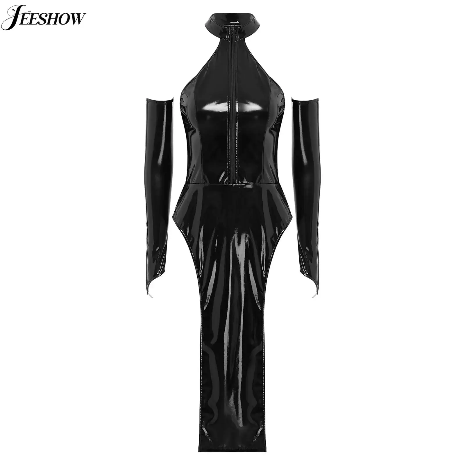 

Womens Sexy Patent Leather High Slit Dress with Removable Sleeves Wet Look Sleeveless Bodycon Long Dress Clubwear Nightwear