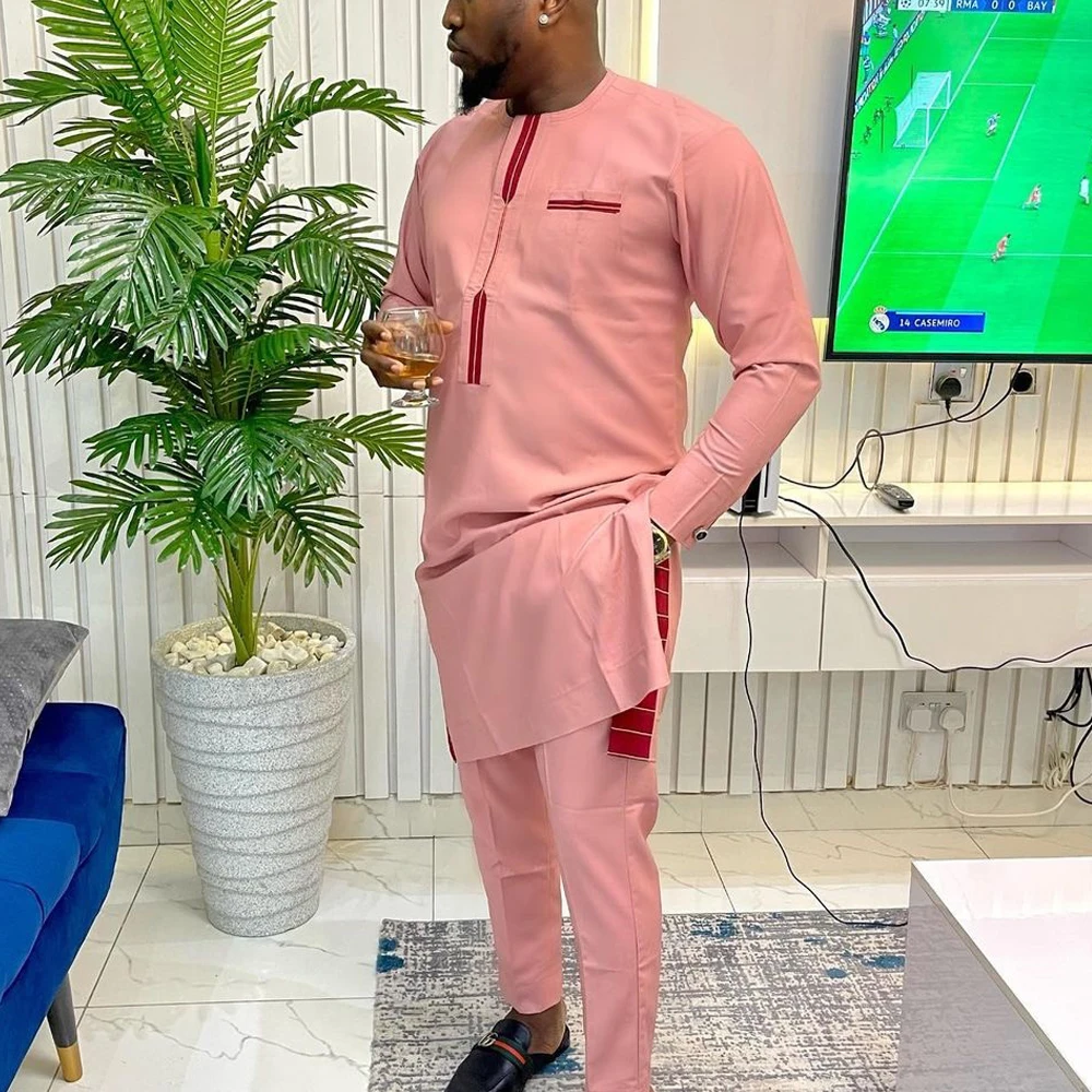 2024 New Kaftan Elegant African Men\'s Set 2 Pieces Outfits Solid Color Shirt and Casual Pants Set Wedding Festive Men\'s Suits